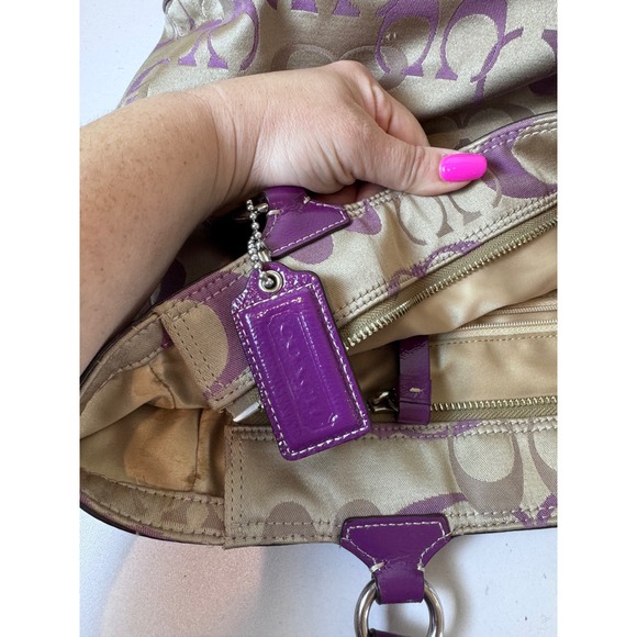 Y2K Coach Signature Tote Bag Women Purple Tan Monogram Patent Trim Aesthetic - Picture 10 of 12